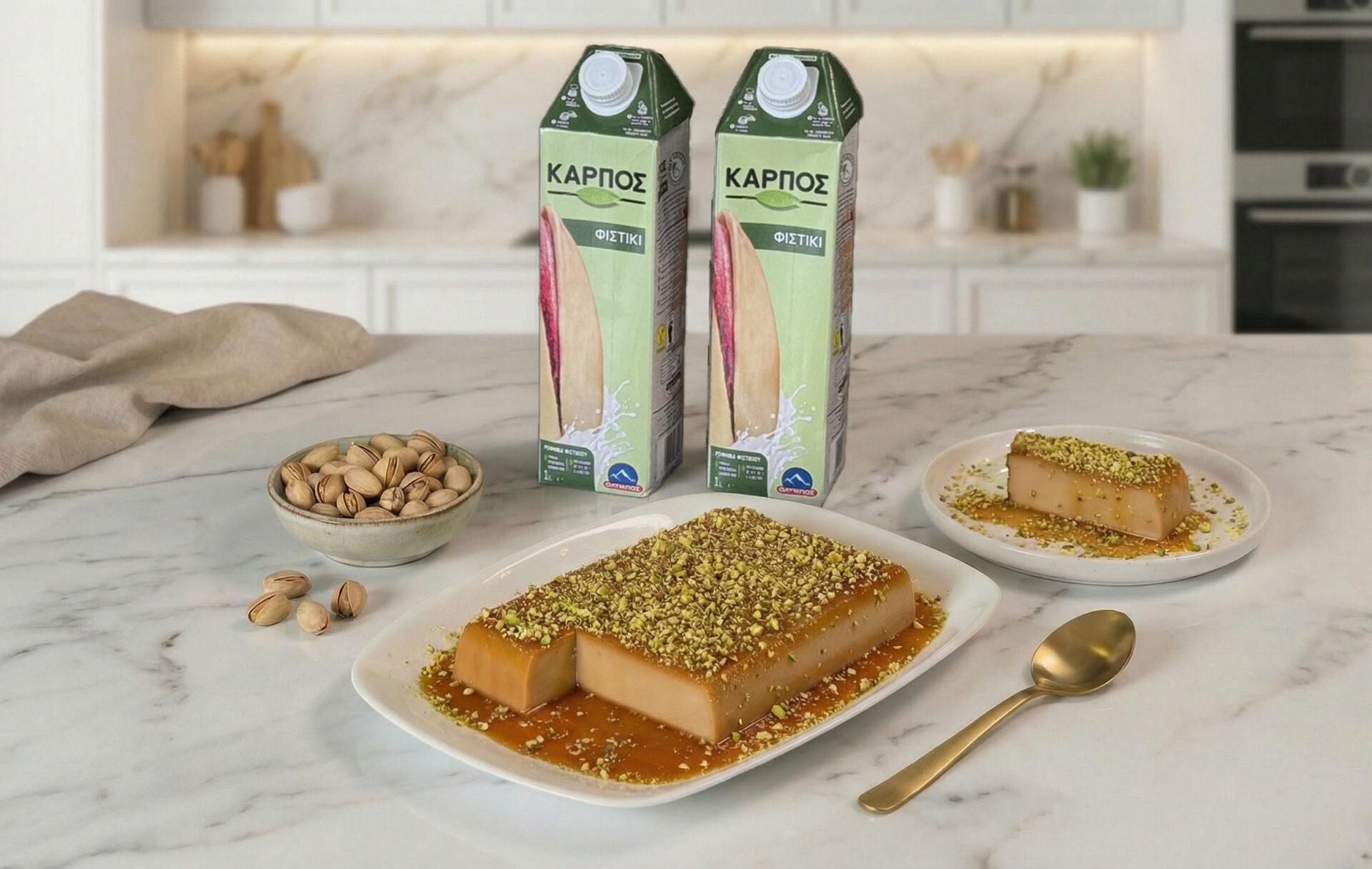 Fasting Semolina Pistachio Dessert with Caramel